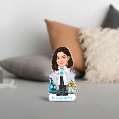 Personalized Microbiologist Female Scientist Caricature Tabletop Gift for Lab Professionals, Researchers & Clinical Labs Appreciation Gift for Doctor | Battery Powered Moving Head
